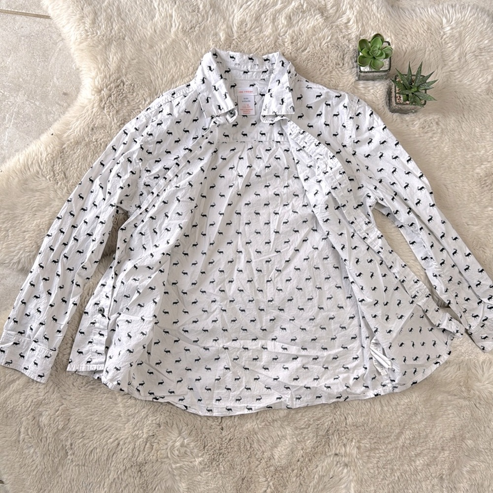 Joe Fresh Kids Button Down Shirt Short Sleeve White With Elk Large 10 / 12 - Picture 3 of 10